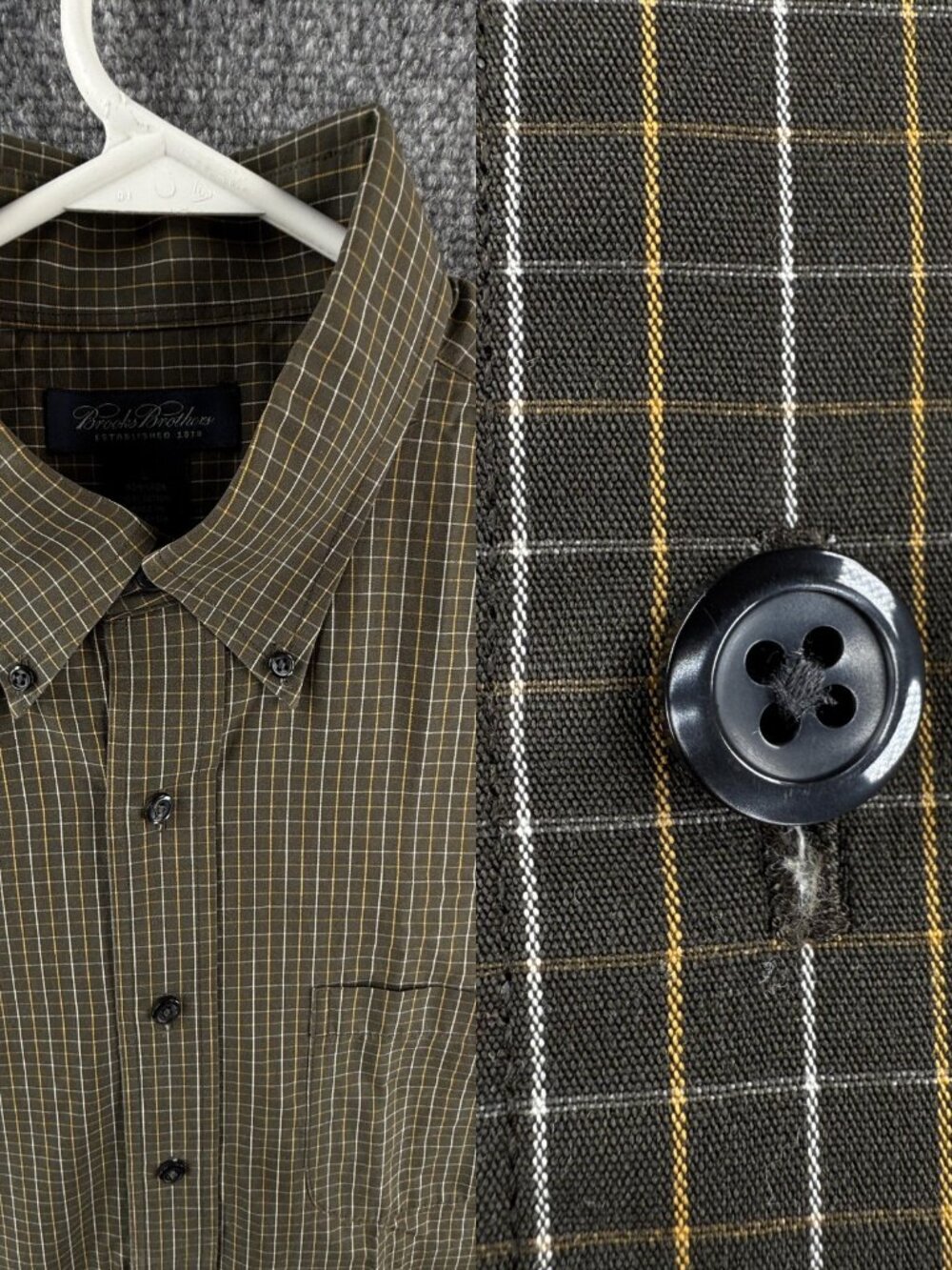 Brooks Brothers Button-Down Large Green Yellow Cotton Check Non-Iron Pocket Mens